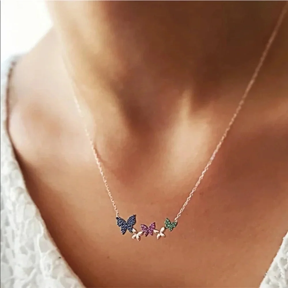Rainbow Crystal Butterfly Necklace Gold Tone Dainty Charm Y2K Fairycore Jewelry